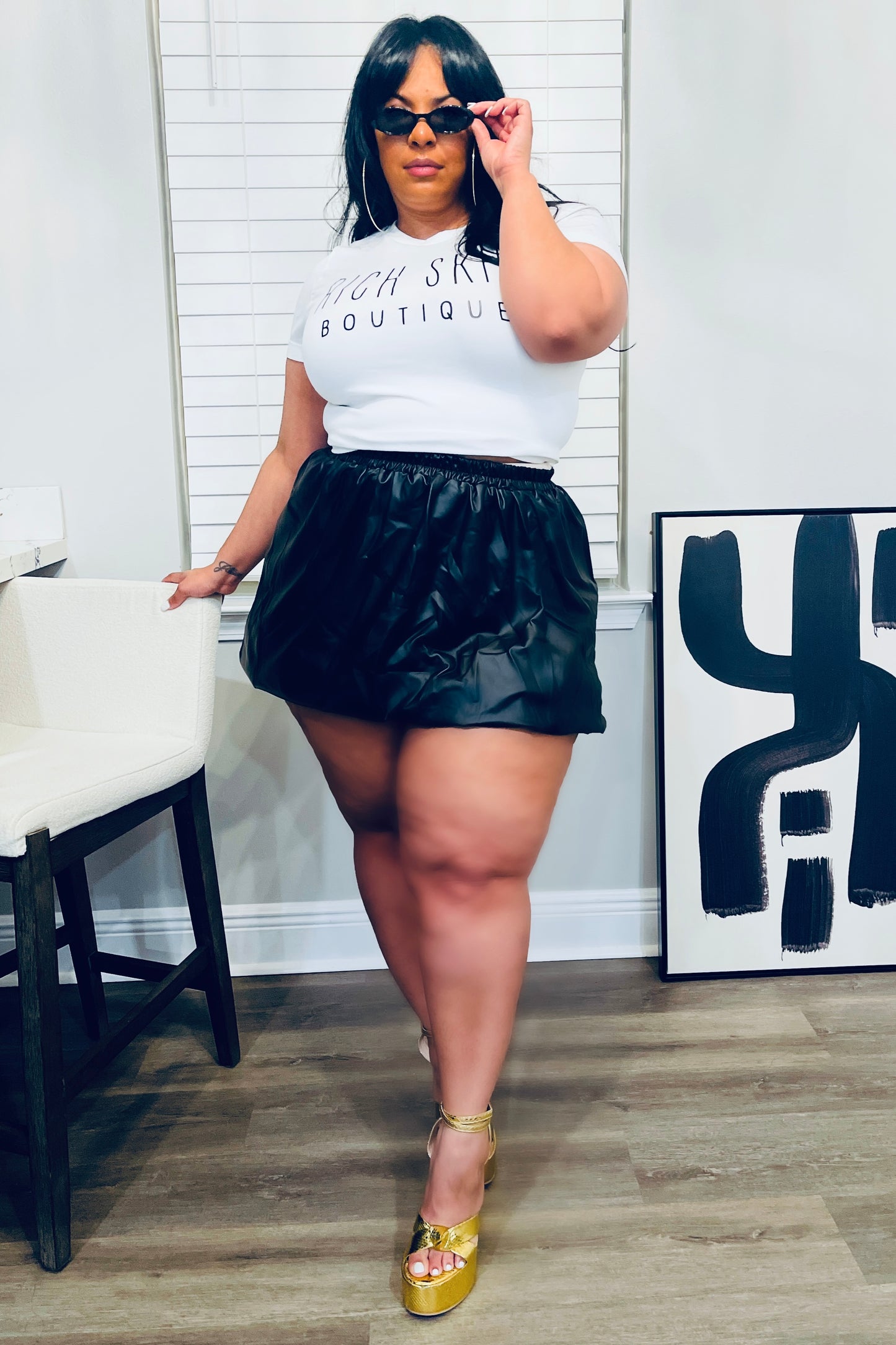 Plus Size Black Leather Mini Balloon Skirt